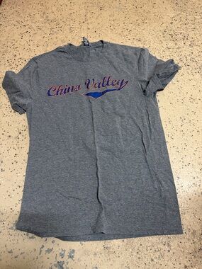 District China Valley Heather Gray Short Sleeve Tee with Blue & Orange Script
